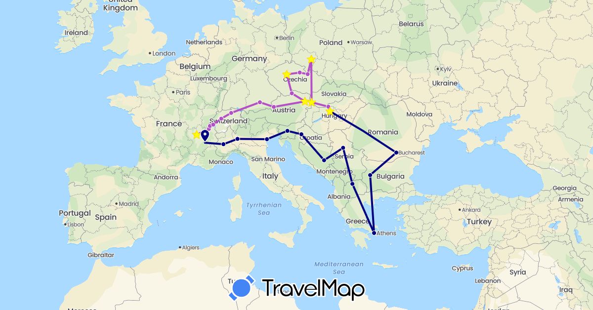 TravelMap itinerary: driving, train in Austria, Bosnia and Herzegovina, Bulgaria, Switzerland, Czech Republic, Germany, France, Greece, Croatia, Hungary, Italy, Macedonia, Poland, Romania, Serbia, Slovenia, Slovakia (Europe)